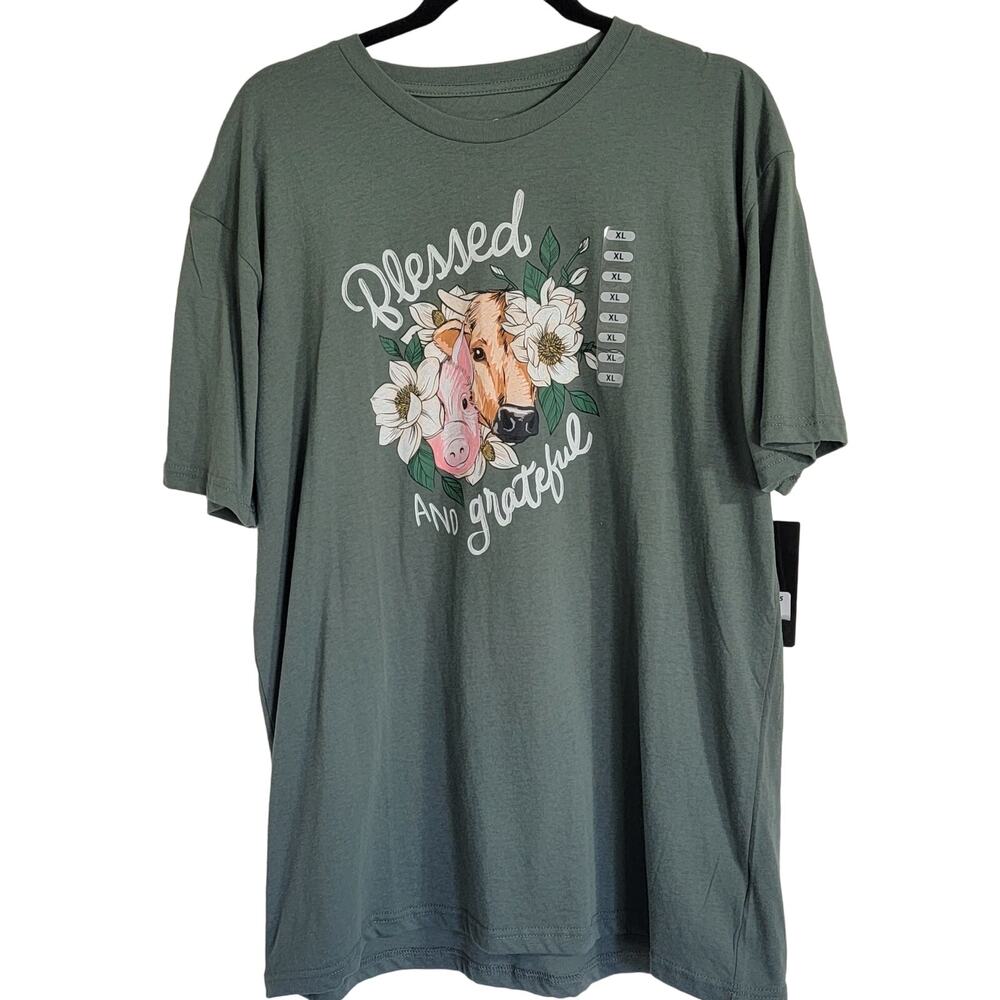 Farm To Market Womens Country‎ T shirt Cow Pig Blessed Green Sz XL New